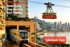 a train traveling down the tracks next to a city at Kaboting Hotel Chongqing Prime Location Near Jiefangbei & Hongya Cave, 1 Minute Walk to Metro, Ideal for International Guests,Free Self-Service Laundry, Free High-Speed WiFi,Free Chinese Tea, Free Travel Advice in Chongqing