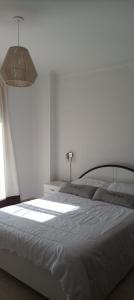 a white bedroom with a large bed and a window at Pleno Centro in Viedma