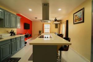 a kitchen with green cabinets and a kitchen island at Central 2 bed Apt near Devon House in Kingston