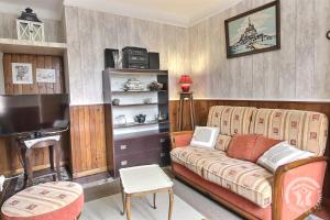 a living room with a couch and a television at Les papillons in Plérin