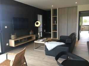 a living room with a blue couch and a tv at Le balcon des gorges in Saint-Rome-de-Dolan