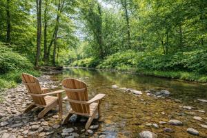 two chairs sitting next to a river with trees at Malkita Aria Mountainview Retreat in Woodbury