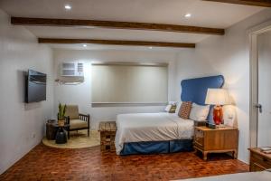 a bedroom with a bed with a blue headboard and a tv at Casa Katipunan in Manila