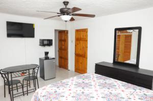 a bedroom with a bed and a ceiling fan at Oceanview Retreat - 3 bedroom in Bull Bay
