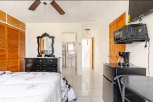 a bedroom with a bed and a tv on a counter at Oceanview Retreat - 3 bedroom in Bull Bay