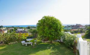 a garden with a tree and a white fence at Oceanview Retreat - 3 bedroom in Bull Bay