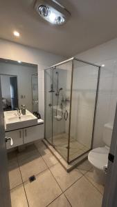 a bathroom with a shower and a sink and a toilet at Wānaka Edge Retreat in Wanaka