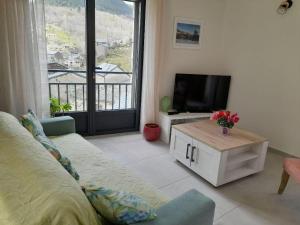 a living room with a couch and a flat screen tv at Maison de l'aire in Fraissinet-de-Fourques