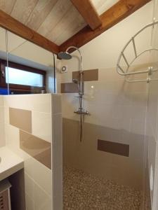 a shower in a bathroom with a glass door at La maisonnette in Marvejols
