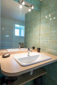 a bathroom with a sink and a mirror at Gîte du boy 8 personnes in Lanuéjols +20 photos