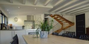 a kitchen and dining room with a table with a plant at Gîte les falaises à barjac in Barjac