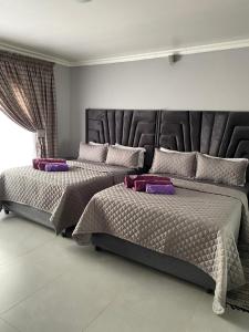 two beds in a bedroom with purple pillows on them at Smileys accomodation in Standerton