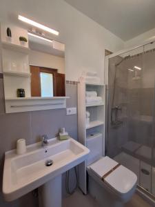 a bathroom with a sink and a shower and a toilet at El Cuadron in Camango +45 photos