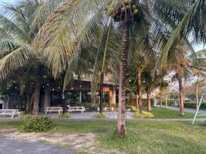a palm tree in front of a building at Perolas Homestay in Xóm Chum Găng