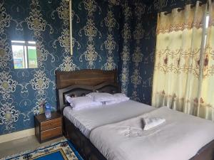 a bedroom with two beds with blue and gold wallpaper at Jhapali Hotel and lodge in Simra
