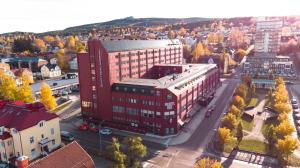 an overhead view of a city with a red building at Quality Hotel Sundsvall in Sundsvall