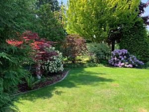 a garden with flowers and trees and a lawn at Ferienwohnung Zum Gartenparadies in Oppach