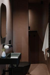 a bathroom with a sink and a toilet and a mirror at ATTO Apartments in San Candido