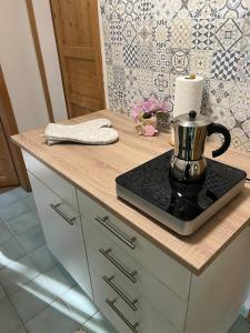 a kitchen counter with a coffee pot on a stove at Appartment Casa Verde in Lübberstedt