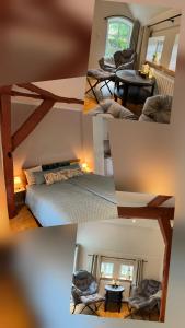 a collage of four pictures of a bedroom at Appartment Casa Verde in Lübberstedt