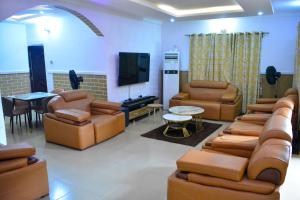 a living room with couches and chairs and a television at Jeks Apartments Limited in Ogbunike