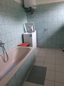 a bathroom with a bath tub and a small refrigerator at Napsugár Apartman in Szaknyér +2 photos