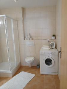 a bathroom with a toilet and a washing machine at Wohlfühloase mit Sauna in Mayen