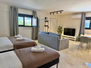 a bedroom with two beds and a couch and a tv at Azur Mare Luxury Villas in Neoi Epivates