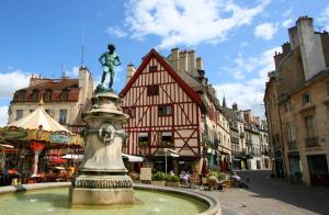 a fountain in the middle of a city with buildings at Hotel ibis Dijon Centre Clemenceau in Dijon