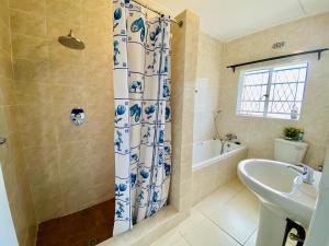 a bathroom with a shower curtain and a sink at Meyrick Bed and Breakfast in Harare