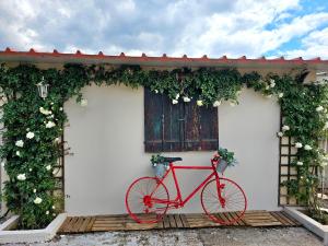 a red bike parked in front of a building at Sophy's Cottage in Politika