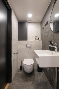 a bathroom with a white sink and a toilet at Old Town Loft in Tartu +13 photos