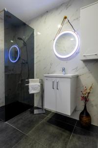 a bathroom with a shower and a sink and a mirror at Luxury Family Apartment with Terrace FRIGO in Maribor +40 photos