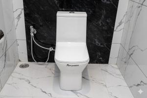 a white toilet in a bathroom with marble walls at Hotel The Mount View in Rājgīr