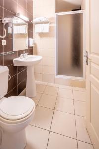 a bathroom with a toilet and a sink and a shower at Hôtel Estival Arriel entièrement climatisé in Lourdes