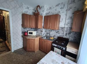 a small kitchen with wooden cabinets and a microwave at Apartment on Y. Mudroho 44 in Bila Tserkva