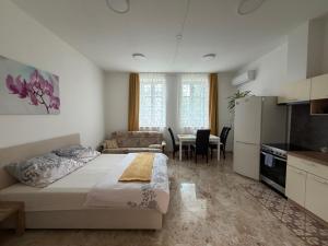 a small room with a bed and a kitchen at Holičák in Olomouc