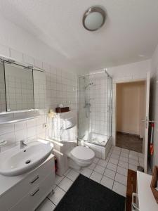 a bathroom with a toilet and a sink and a shower at Ferienwohnung Kleine Müritz in Rechlin