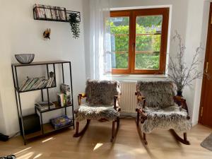 two chairs sitting in a room with a window at Appartement Zirbe in Rickenbach