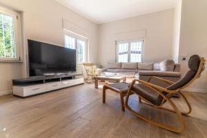 a living room with a large flat screen tv at Villa Sofia casa con giardino e spiaggia condivisa in Pettenasco