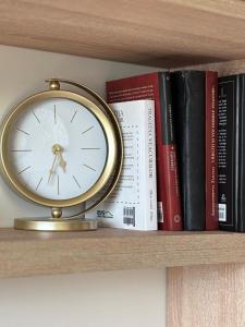 a clock sitting on a shelf with books at Victoria City View in Victoria