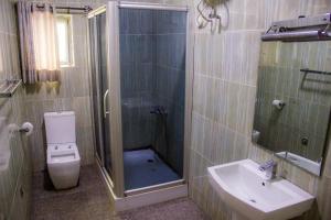 a bathroom with a shower and a toilet and a sink at Emglo Suite in Lagos