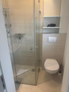 a bathroom with a toilet and a glass shower at Haus Blinkfüer in Wangerooge +19 photos