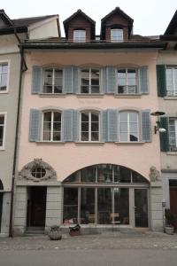 a large pink building with blue shuttered windows at Flusshaus BnB Okavango in Brugg
