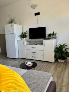 a living room with a tv and a white entertainment center at Rural Apartment Ante in Drniš