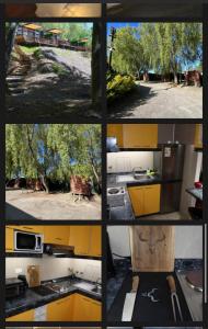 a collage of photos of a kitchen with yellow cabinets at Cabañas San Pedro in Concepción