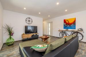 a living room with a couch and a tv at Holiday house MARLY with private pool in Kras
