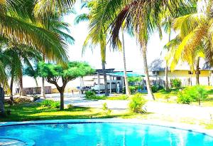 a swimming pool with palm trees in a resort at Giraffe House Vilankulo in Vilanculos