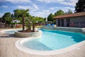 a swimming pool with palm trees in the middle at Camping Rose in Dormelletto