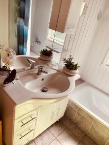 a bathroom with a sink and a tub with plants at Extertal Ferienpark Sauna Wald 51 in Extertal +29 photos